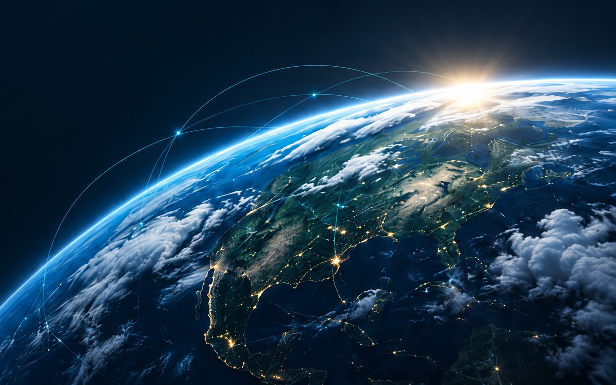View of the Earth from orbit at night, city lights glowing beneath thin clouds.