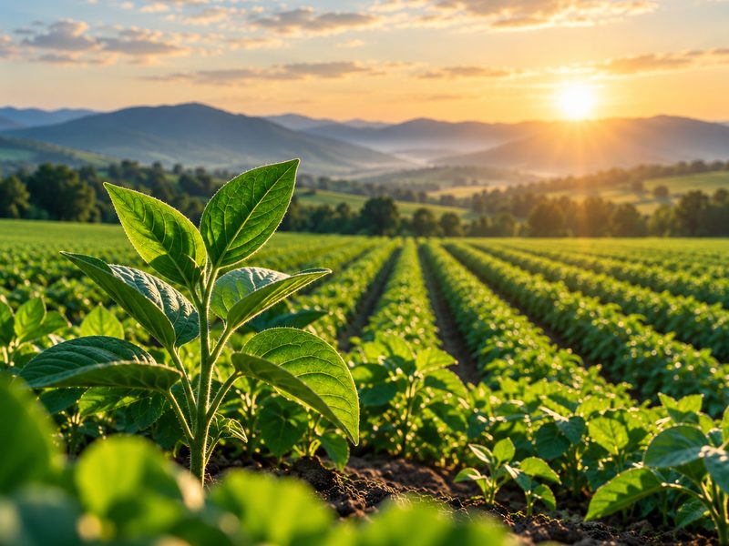 Young seedling growing in rows of crops at sunrise.
