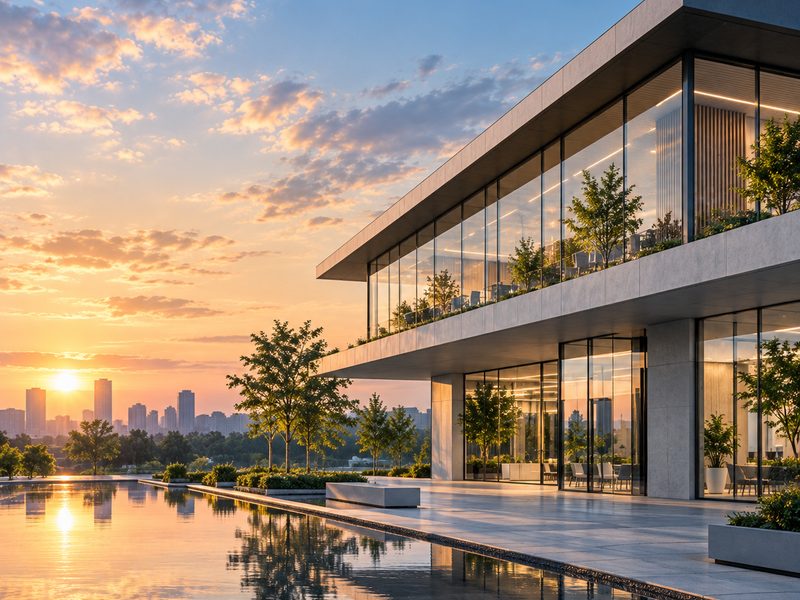 Modern glass building facade under a clear sky.
